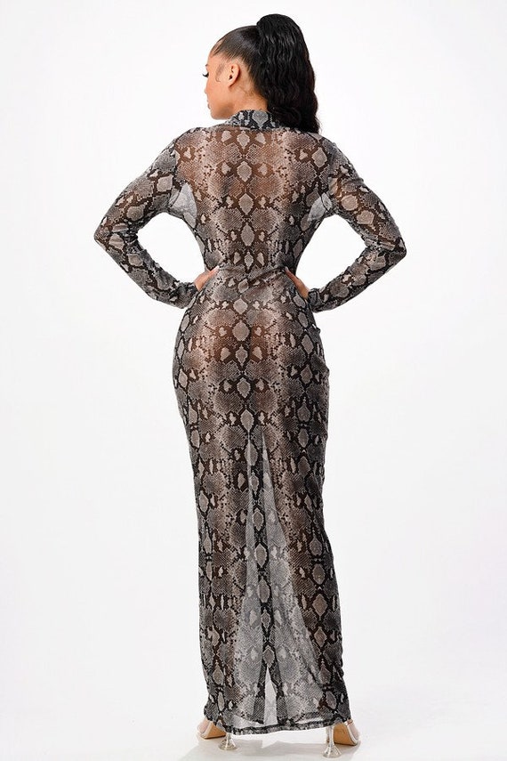 Snakeskin mesh maxi dress, mesh dress, summer dress, long sleeve dress, gift for her, women's dress, snake skin dress, Christmas gift idea