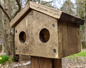 May include: A wooden birdhouse with two round openings, mounted on a wooden post. The birdhouse is stained a dark brown color and has a weathered look.