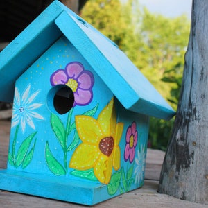 Floral Birdhouse Yard Decor Sunflower Art Blue Birdhouse Painted Birdhouse Bird Nest Box Chickadee House image 6