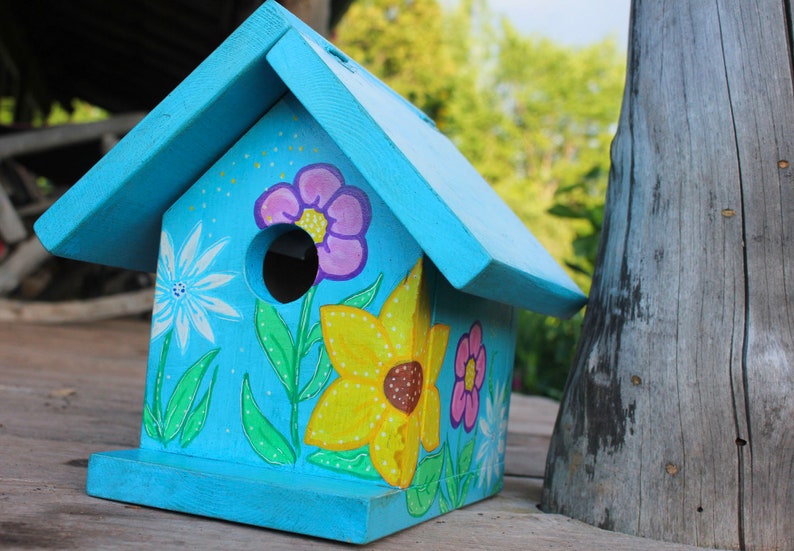 Floral Birdhouse Yard Decor Sunflower Art Blue Birdhouse Painted Birdhouse Bird Nest Box Chickadee House image 6