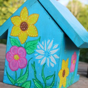 Floral Birdhouse Yard Decor Sunflower Art Blue Birdhouse Painted Birdhouse Bird Nest Box Chickadee House image 4