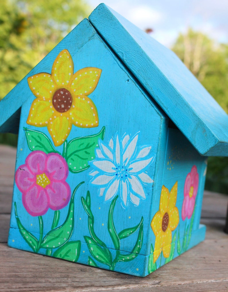 Floral Birdhouse Yard Decor Sunflower Art Blue Birdhouse Painted Birdhouse Bird Nest Box Chickadee House image 4