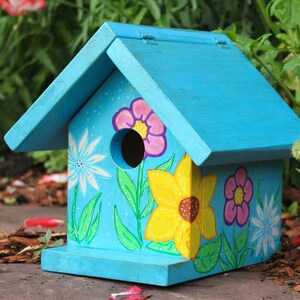 Floral Birdhouse - Yard Decor - Sunflower Art - Blue Birdhouse - Painted Birdhouse - Bird Nest Box - Chickadee House