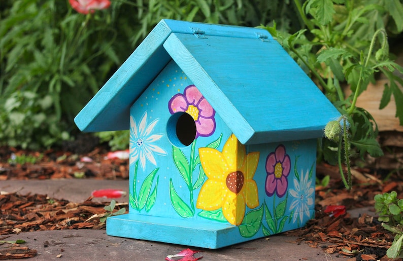 Floral Birdhouse Yard Decor Sunflower Art Blue Birdhouse Painted Birdhouse Bird Nest Box Chickadee House image 1