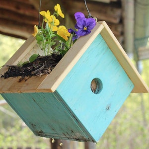 Puede incluir: Un macetero de madera azul y natural con flores amarillas y moradas colgando de un gancho. El macetero tiene un pequeño agujero en la parte delantera.