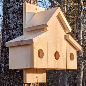 May include: A wooden birdhouse with three nesting compartments, mounted on a tree trunk. The birdhouse has a light brown finish and a pitched roof.