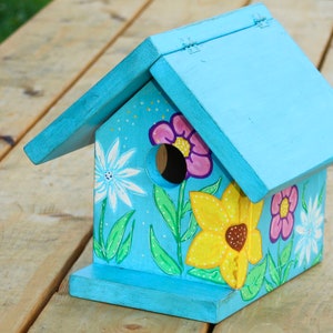 Floral Birdhouse Yard Decor Sunflower Art Blue Birdhouse Painted Birdhouse Bird Nest Box Chickadee House image 7