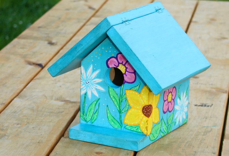 Floral Birdhouse Yard Decor Sunflower Art Blue Birdhouse Painted Birdhouse Bird Nest Box Chickadee House image 7