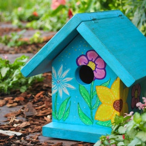 Floral Birdhouse Yard Decor Sunflower Art Blue Birdhouse Painted Birdhouse Bird Nest Box Chickadee House image 3