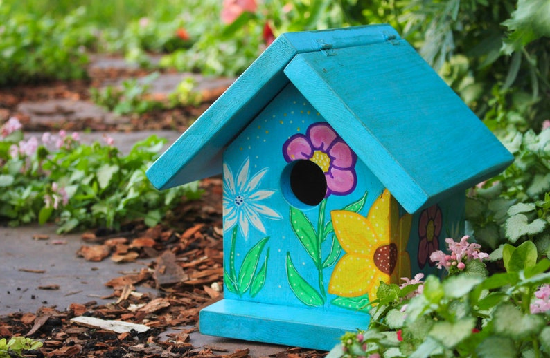 Floral Birdhouse Yard Decor Sunflower Art Blue Birdhouse Painted Birdhouse Bird Nest Box Chickadee House image 3