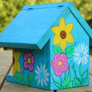 Floral Birdhouse Yard Decor Sunflower Art Blue Birdhouse Painted Birdhouse Bird Nest Box Chickadee House image 5