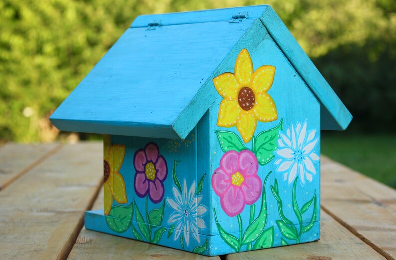 Floral Birdhouse Yard Decor Sunflower Art Blue Birdhouse Painted Birdhouse Bird Nest Box Chickadee House image 5