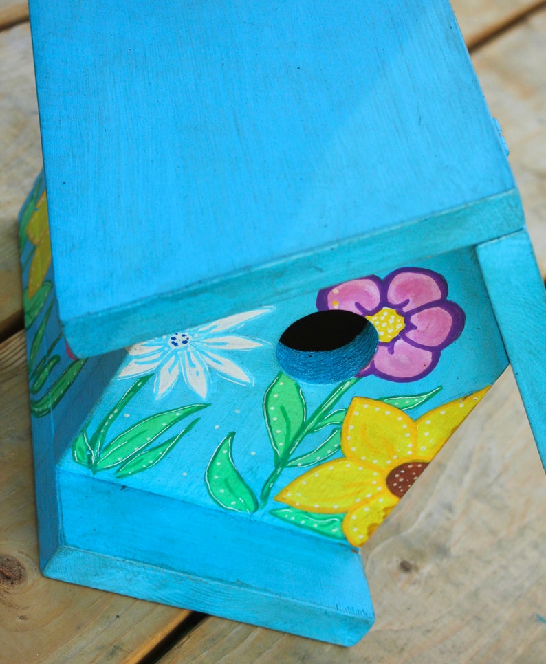 Floral Birdhouse Yard Decor Sunflower Art Blue Birdhouse Painted Birdhouse Bird Nest Box Chickadee House image 10