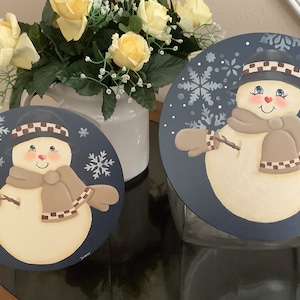 Tole Painted Snowman Candy Jar Lid: Winter Decor (Fits 43oz Hobby Lobby Jar)