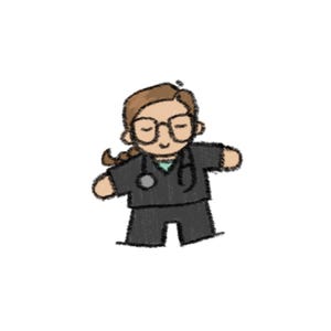 May include: A cartoon illustration of a healthcare professional with brown hair in a braid, wearing round glasses and a dark gray scrub top with matching pants. A stethoscope is draped around the neck, resting over the dark gray shirt.