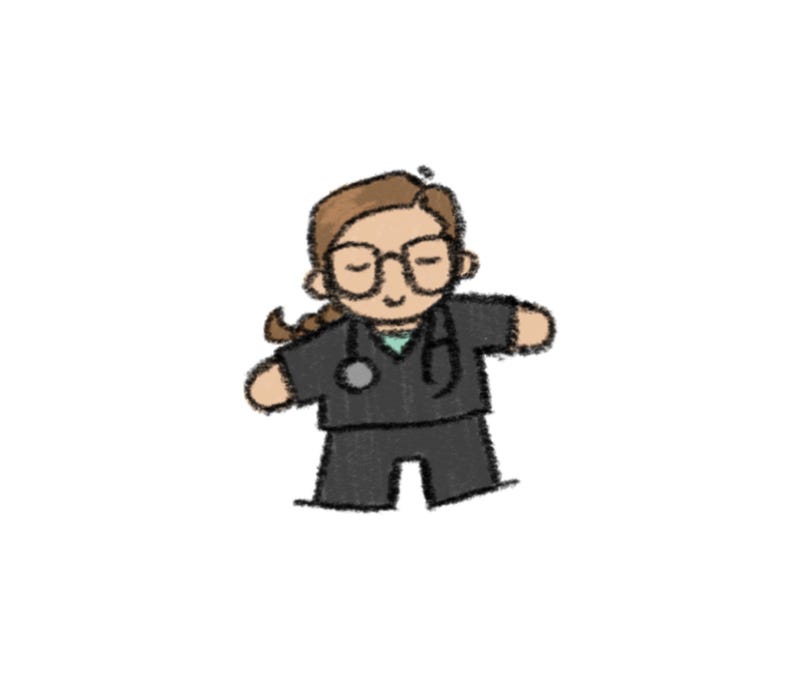 May include: A cartoon illustration of a healthcare professional with brown hair in a braid, wearing round glasses and a dark gray scrub top with matching pants. A stethoscope is draped around the neck, resting over the dark gray shirt.