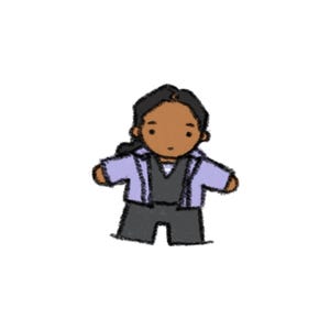 May include: A digital illustration of a stylized character with dark skin and black hair, wearing a light purple jacket over a dark gray shirt and dark gray pants. The character has a simple, rounded facial expression with small black eyes and a small mouth.