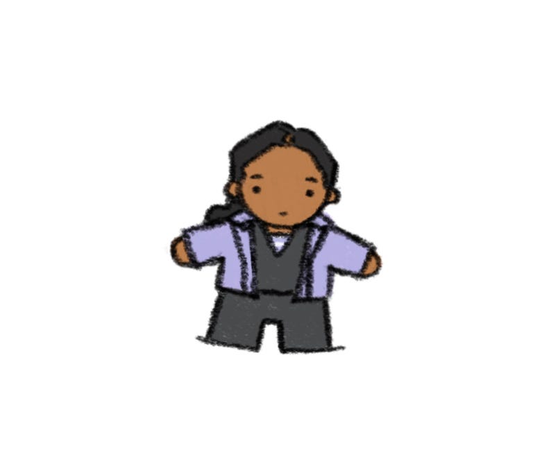 May include: A digital illustration of a stylized character with dark skin and black hair, wearing a light purple jacket over a dark gray shirt and dark gray pants. The character has a simple, rounded facial expression with small black eyes and a small mouth.