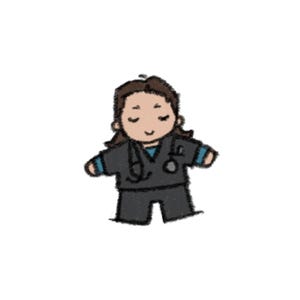 May include: A digital illustration of a figure wearing dark gray scrubs with a blue undershirt, featuring a stethoscope draped around the neck. The figure has brown hair, closed eyes, and a small smile, rendered in a simple, hand-drawn style.
