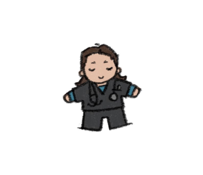 May include: A digital illustration of a figure wearing dark gray scrubs with a blue undershirt, featuring a stethoscope draped around the neck. The figure has brown hair, closed eyes, and a small smile, rendered in a simple, hand-drawn style.