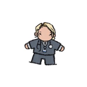 May include: A cartoon-style illustration of a figure with blonde hair wearing a dark gray scrub top and matching pants. The figure has a stethoscope draped around the neck and a small identification badge hanging from the center of the scrub top.