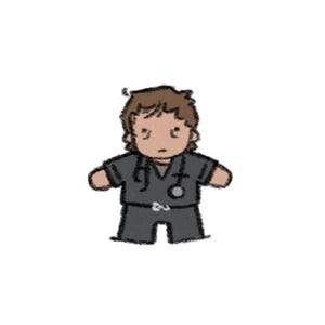 May include: A cartoon-style illustration of a figure with brown hair wearing a dark gray V-neck scrub top and matching pants. The figure has a stethoscope draped around the neck, with the chest piece visible on the left side of the scrub top.
