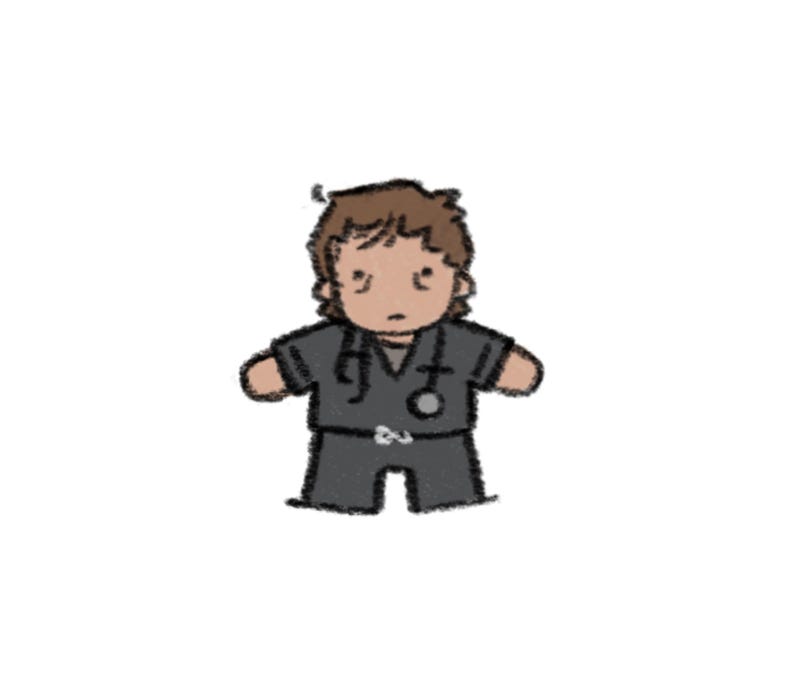 May include: A cartoon-style illustration of a figure with brown hair wearing a dark gray V-neck scrub top and matching pants. The figure has a stethoscope draped around the neck, with the chest piece visible on the left side of the scrub top.