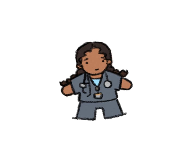 May include: A digital illustration of a character with dark brown skin and long dark hair in braids, wearing a slate blue scrub top and matching pants. The character has a light blue undershirt, a stethoscope around the neck, and a small ID badge.