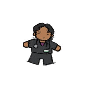 May include: A digital illustration of a character wearing dark gray scrubs with a purple undershirt. The character has dark hair, a stethoscope draped around the neck, and a small rectangular name tag attached to the chest of the scrub top.