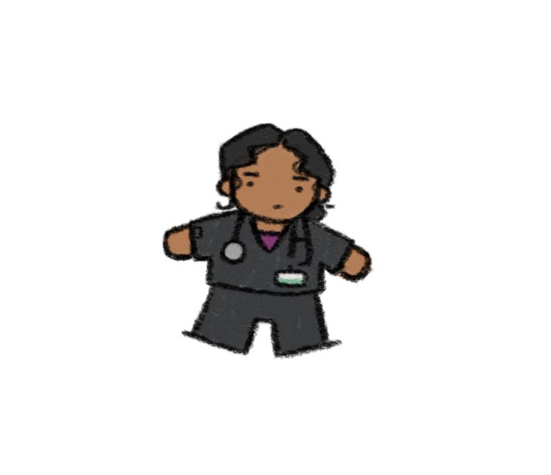 May include: A digital illustration of a character wearing dark gray scrubs with a purple undershirt. The character has dark hair, a stethoscope draped around the neck, and a small rectangular name tag attached to the chest of the scrub top.