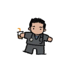 May include: A digital illustration of a character wearing dark gray scrubs with a stethoscope draped around the neck. The character has dark hair, a light skin tone, and is holding a brown beverage in a cup with an orange straw in one hand.