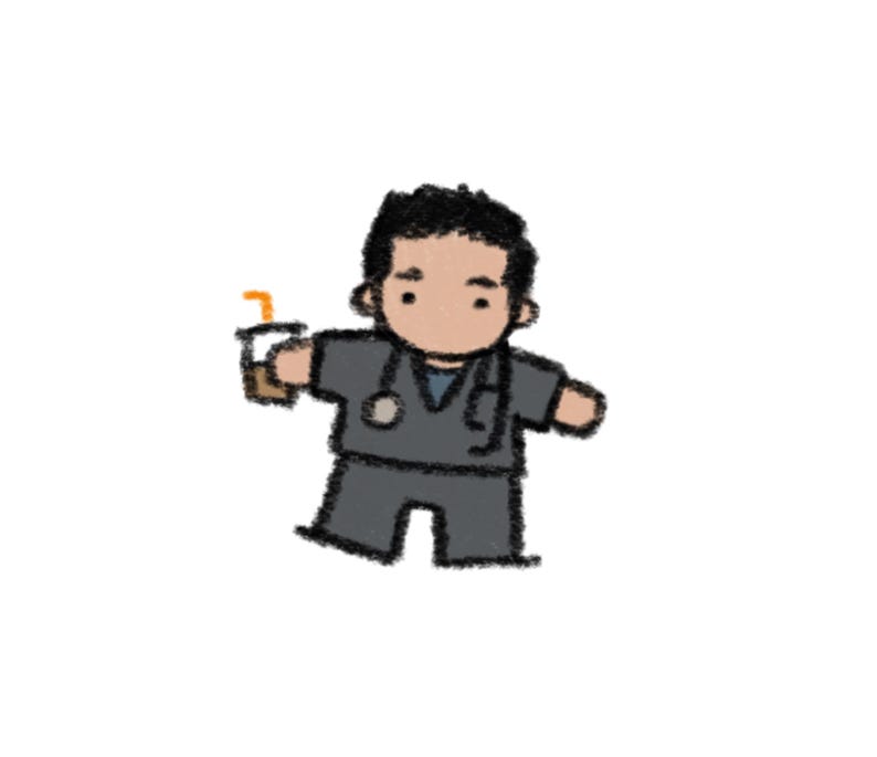 May include: A digital illustration of a character wearing dark gray scrubs with a stethoscope draped around the neck. The character has dark hair, a light skin tone, and is holding a brown beverage in a cup with an orange straw in one hand.