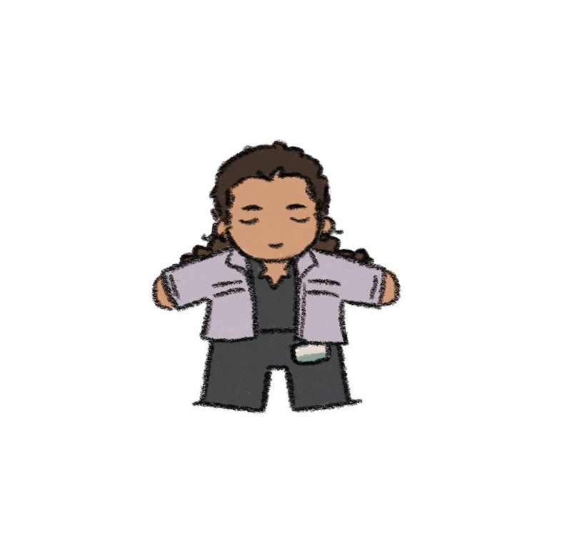 May include: A digital illustration of a character with dark brown hair, wearing a light purple jacket over a dark gray shirt and dark gray pants. The character has a small white and green rectangular tag attached to the waist of the pants.