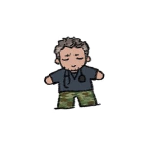 May include: A cartoon illustration of a figure with short brown hair and closed eyes, wearing a dark blue t-shirt with a black stethoscope draped around the neck and green camouflage patterned pants, rendered in a simple, hand-drawn sketch style.