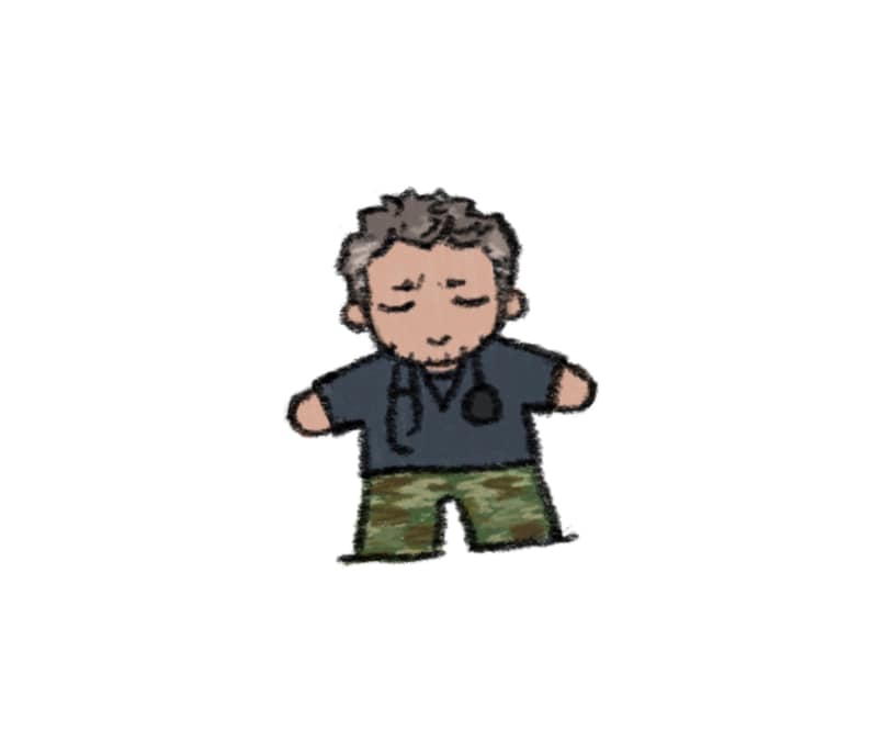 May include: A cartoon illustration of a figure with short brown hair and closed eyes, wearing a dark blue t-shirt with a black stethoscope draped around the neck and green camouflage patterned pants, rendered in a simple, hand-drawn sketch style.