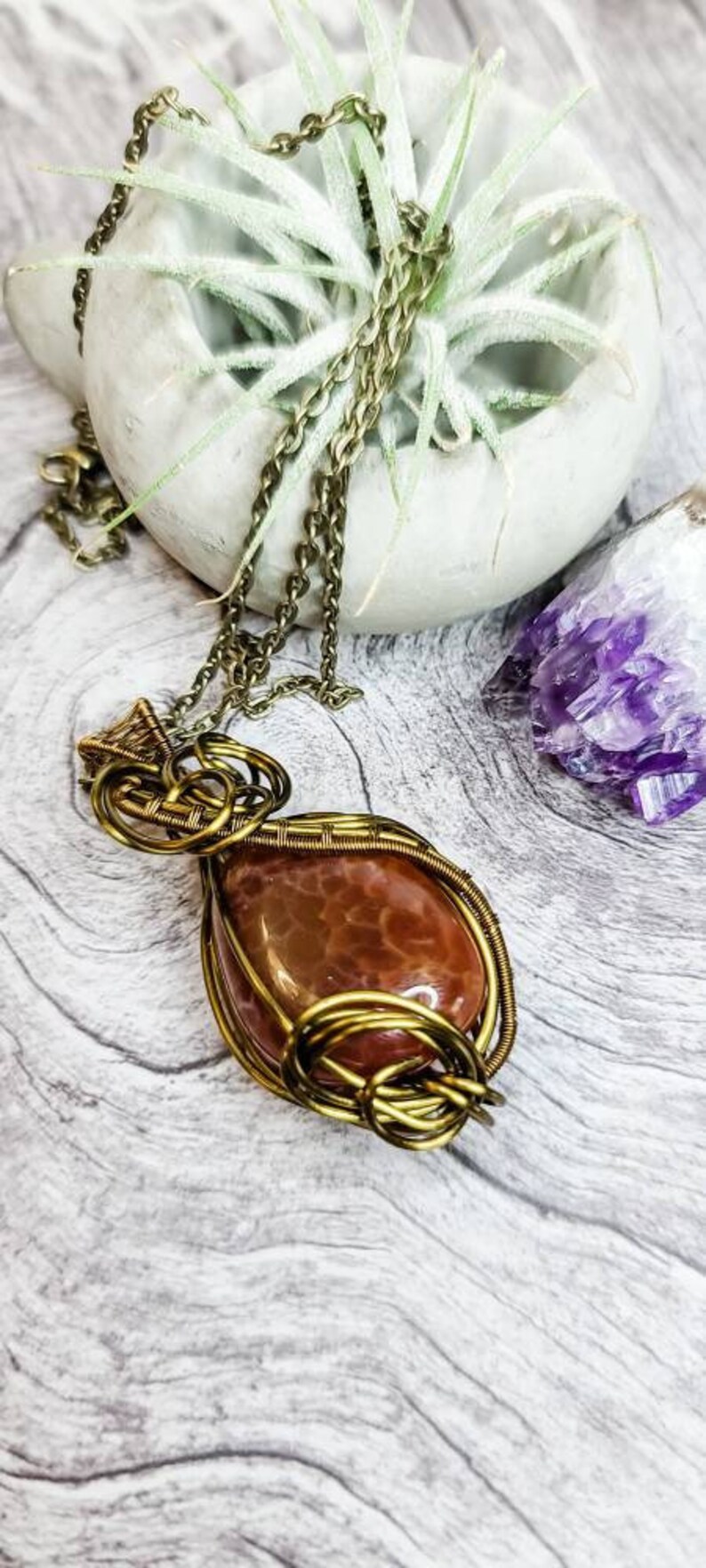 Handcrafted women/'s jewelry Fire Agate stone wire wrapped pendant Elegant accessories