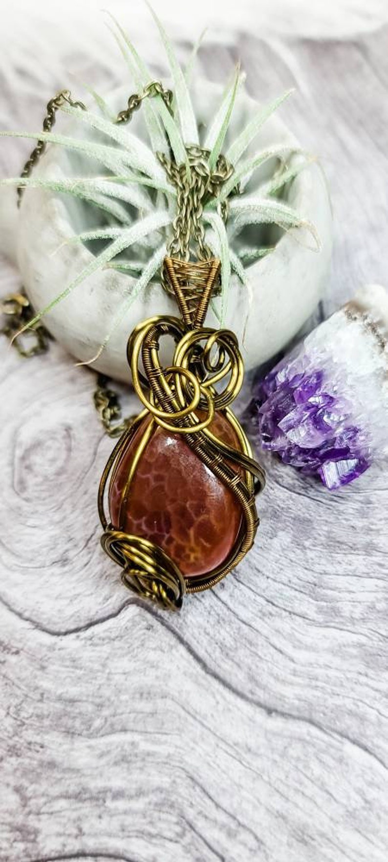 Handcrafted women/'s jewelry Fire Agate stone wire wrapped pendant Elegant accessories