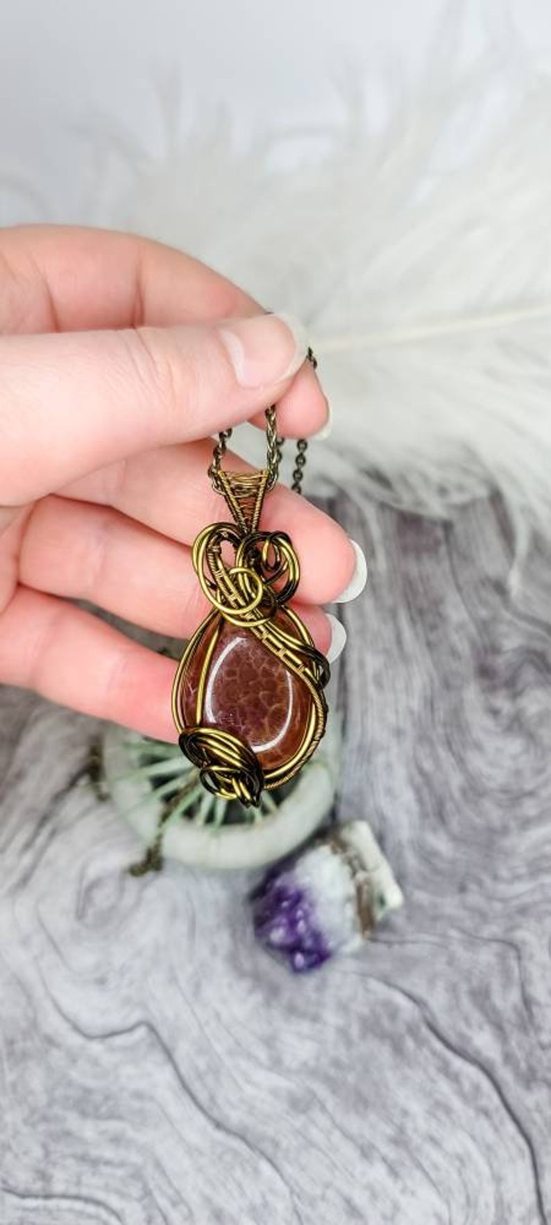 Handcrafted women/'s jewelry Fire Agate stone wire wrapped pendant Elegant accessories