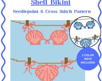 Shell Bikini Needlepoint Pattern - 18 Count - Instant Download PDF - Pink/Blue Cross Stitch
