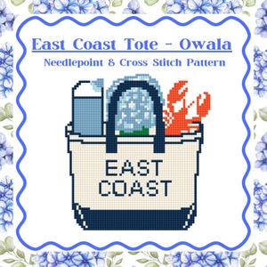 East Coast Tote Needlepoint Pattern - Coastal Cross Stitch PDF - Lobster, Hydrangea & Owala Water Bottle