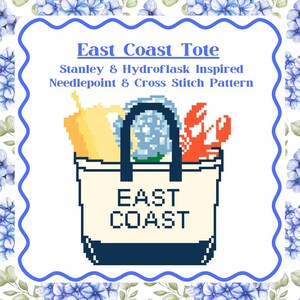 Könnte beinhalten: Pixelige Illustration einer Tragetasche mit der Aufschrift "East Coast", gefüllt mit einem gelben Gegenstand, blauen Blumen und einer roten Krabbe. Der Text "East Coast Tote" und "Stanley & Hydroflask Inspired Needlepoint & Cross Stitch Pattern" stehen darüber.