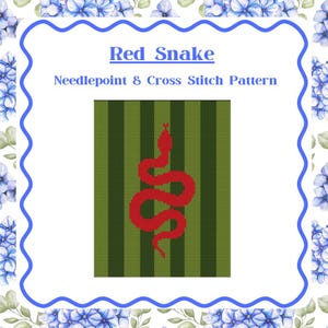 Peut inclure: Un motif de point de croix et de tapisserie représentant un serpent rouge. Le serpent est une silhouette audacieuse sur un fond à rayures vertes et vert foncé. Le texte "Red Snake" et "Needlepoint & Cross Stitch Pattern" est affiché en haut.