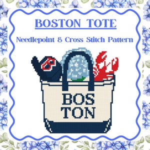 Pode incluir: Um design de padrão de ponto de agulha e ponto cruz com uma sacola com o texto "BOSTON" em azul marinho. A sacola contém um boné de beisebol, uma hortênsia e uma lagosta. O design é emoldurado por uma borda floral azul.