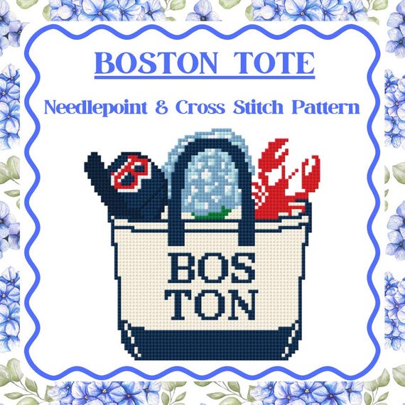 Boston Boat Tote Needlepoint Pattern - New England Cross Stitch - Lobster, Red Sox, Hydrangeas