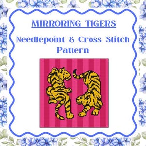 May include: A needlepoint and cross stitch pattern titled "Mirroring Tigers." The design features two yellow tigers with black stripes on a pink striped background. The image is framed with a blue border and floral accents.