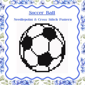 Peut inclure: Un motif de ballon de football pixélisé en noir et blanc, intitulé "Soccer Ball Needlepoint & Cross Stitch Pattern". L'image est encadrée par une bordure bleue avec des motifs floraux.
