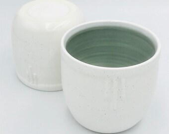 Pair of art deco ceramic espresso cup in mist grey and speckled eggshell glaze