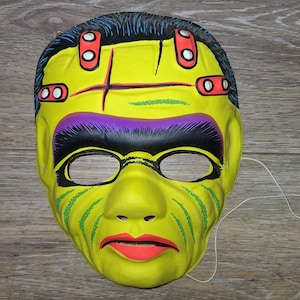 Vintage Halloween Frankenstein Mask Yellow Green Costume Horror Spooky 1970s 80s