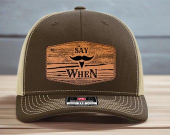Gorra de camionero con parche de cuero y diseño de veta de madera, Yupoong, Richardson Hats, sombrero de vaquero