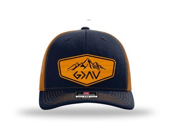 Gorra cristiana / Gorra de fe / Gorra de camionero con parche de cuero "Dios es más grande" / Regalo religioso para hombres / Regalo para papá cristiano / Gorra ajustable Richardson 112